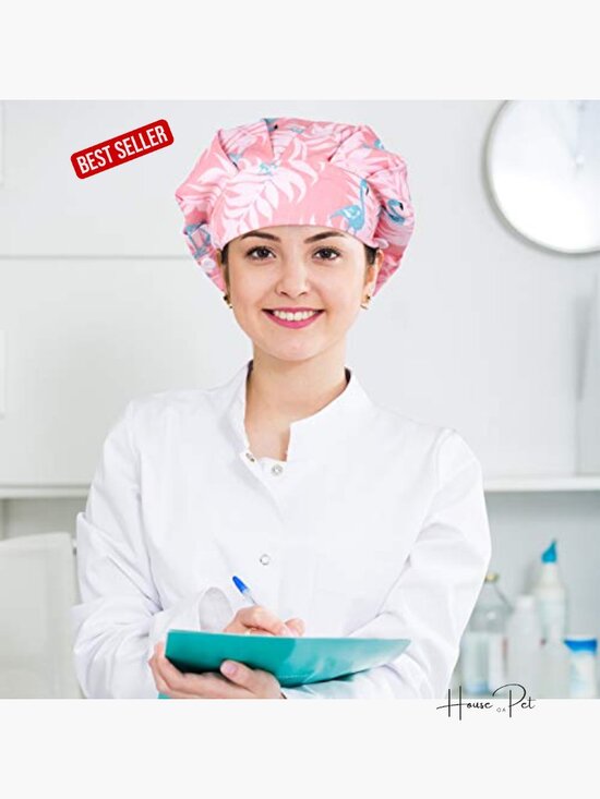 6 Pack Elastic Bouffant Caps with Buttons Nursing Surgical Hats Cotton Scrub main image 4